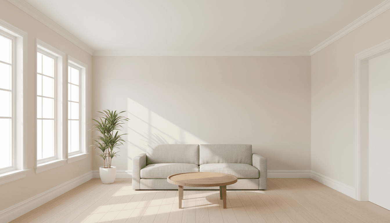 Bright residential room with newly painted walls and professional painting setup