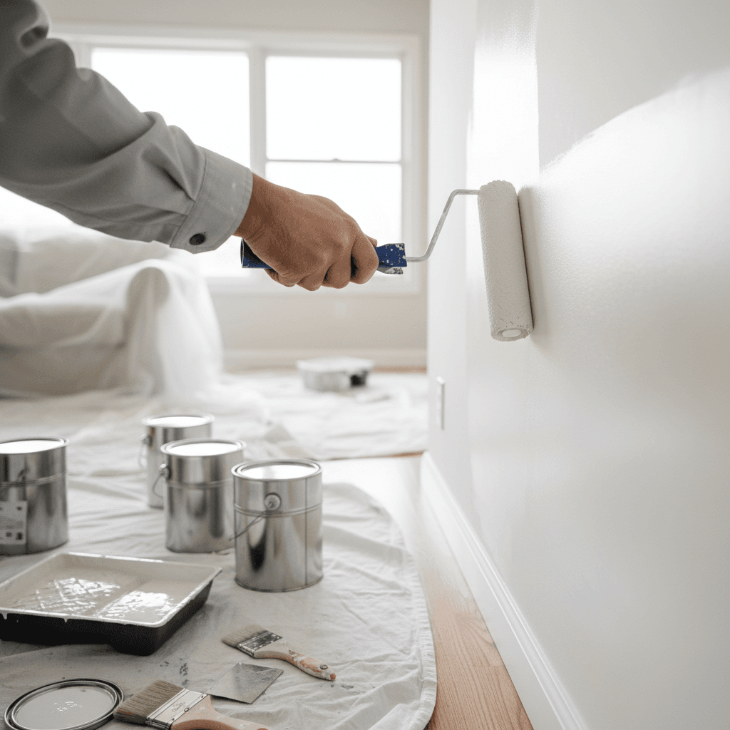 Painter applying fresh paint to apartment wall with precision