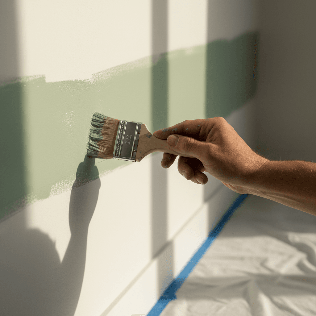 Painter applying fresh paint to wall with brush in natural light