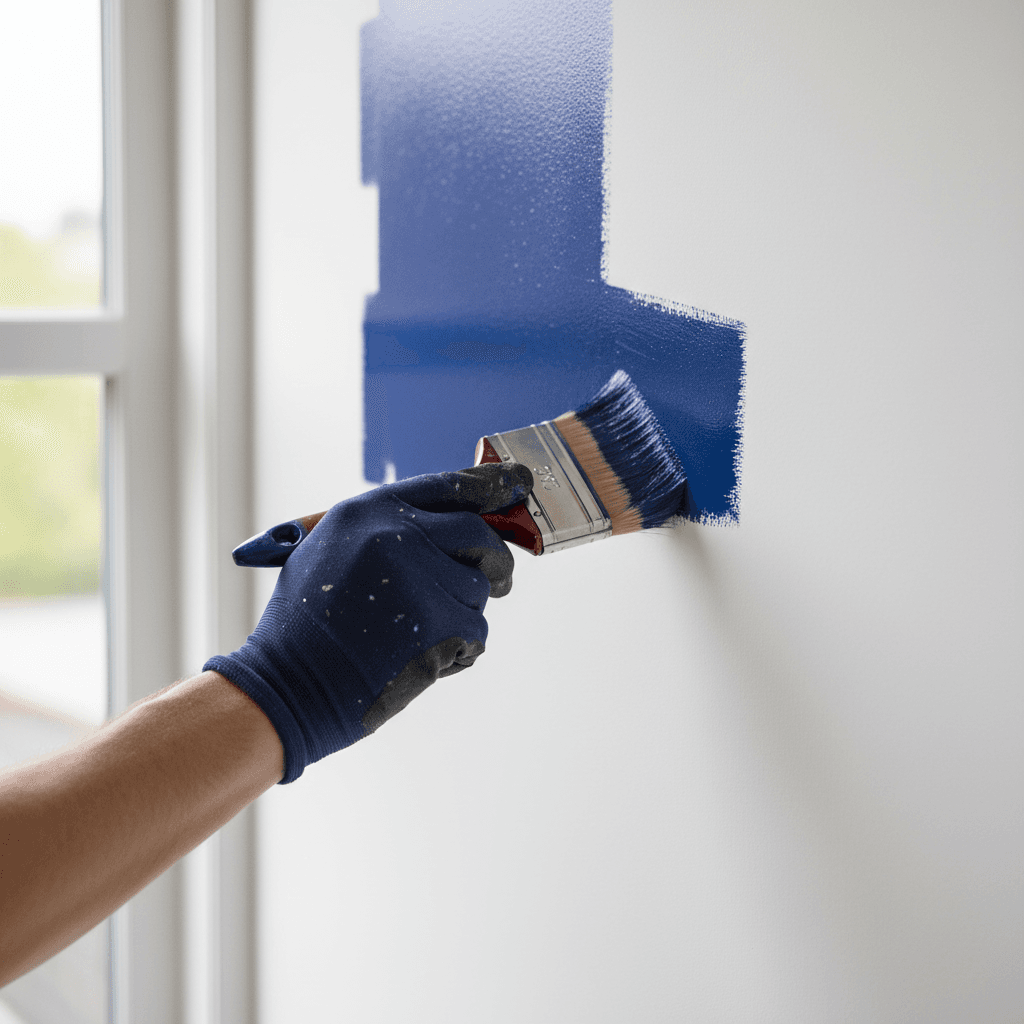 Painter holding brush ready to apply fresh paint to apartment wall
