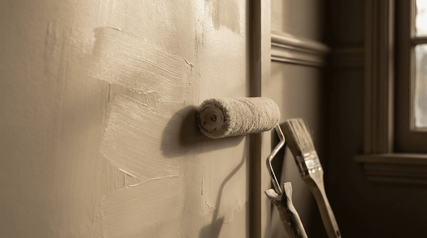 Freshly painted wall corner with painter inspecting the quality finish